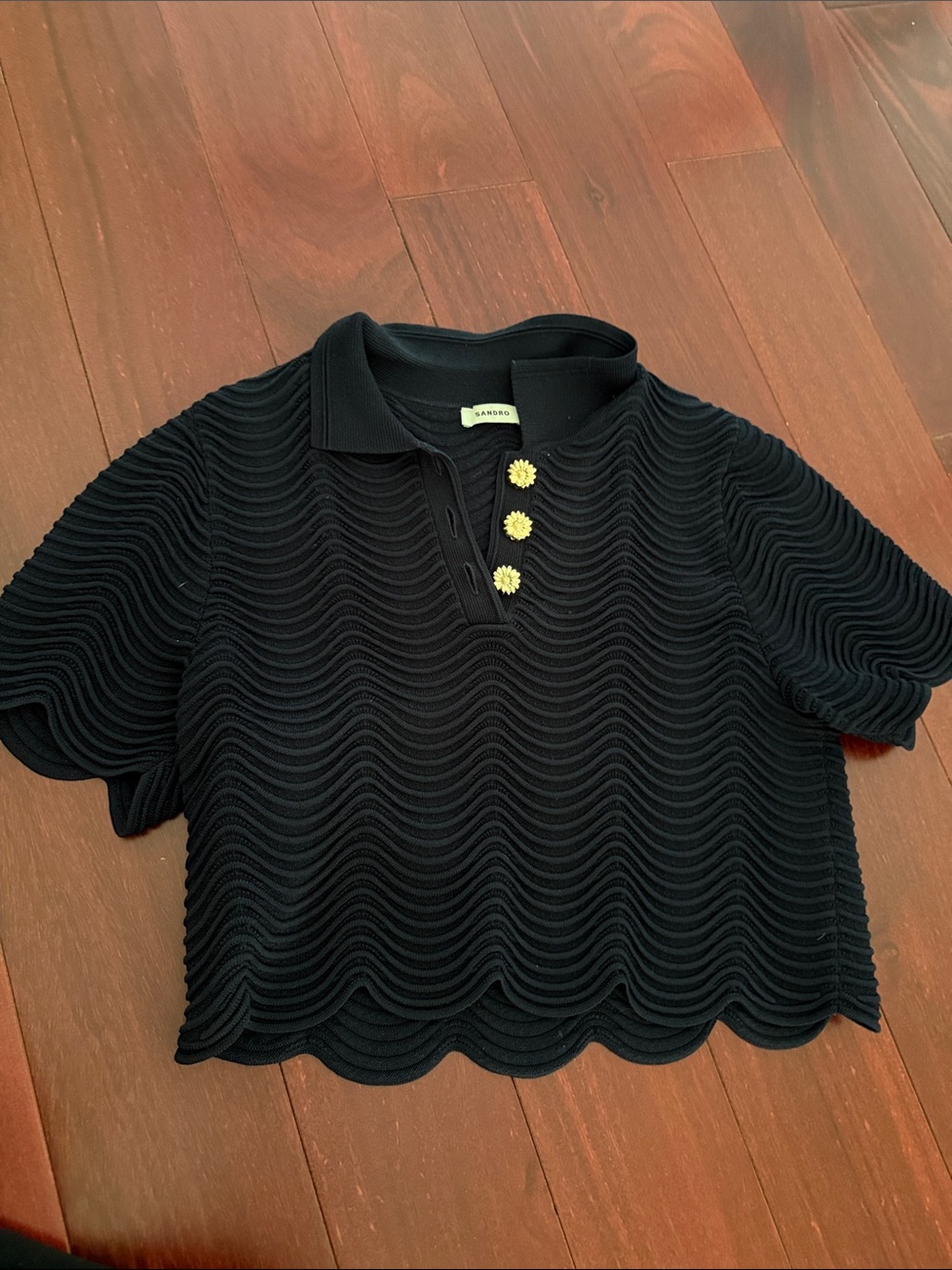 Sandro Knit Polo with Gold Flower Buttons (M)